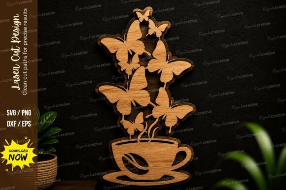 Butterfly Tea Cup Wall Art Laser Cut SVG