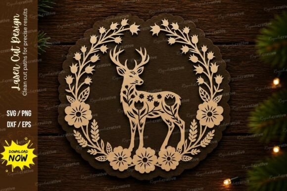 Deer Floral Wreath SVG: Elegant Laser Cut Design