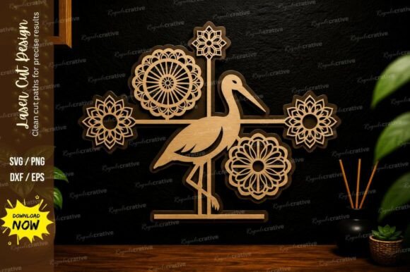 Elegant Crane & Floral Laser Cut SVG Design