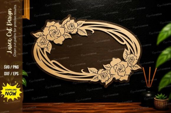 Elegant Oval Floral Frame Laser Cut SVG Design